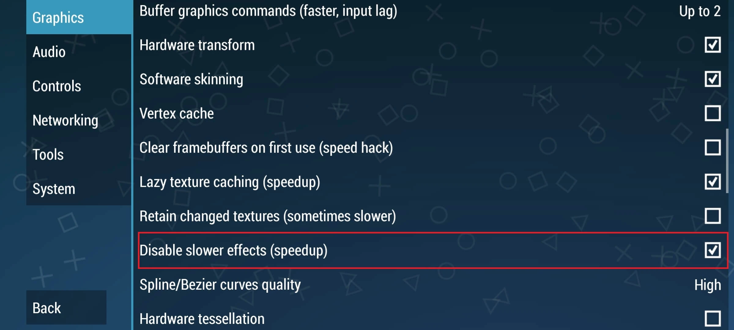 Disable slower effects в PPSSPP